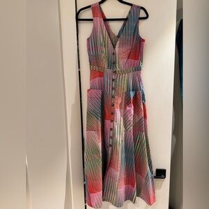 Saloni geometric pattern Button-Down Sleeveless Dress, back cutout pockets